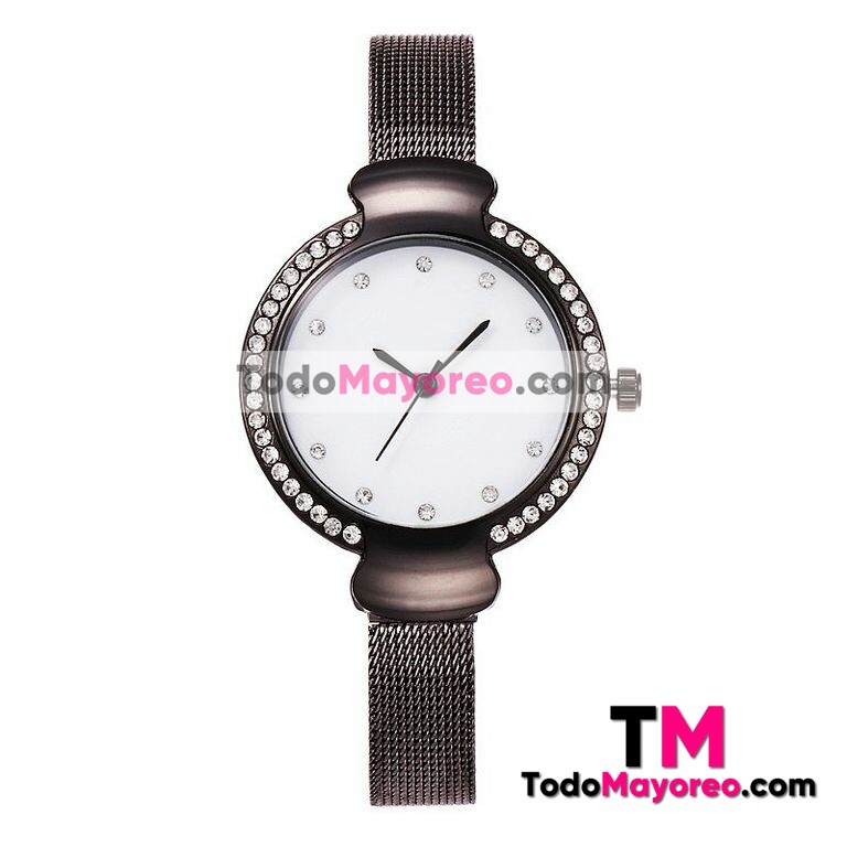 Reloj Negro Extensible Metal Mesh Delgado Diamantes R2750