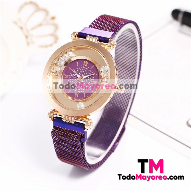 Reloj Morado Extensible Mesh Metal Iman Caratula Diamantes Sueltos Con Numeros Romanos R3145