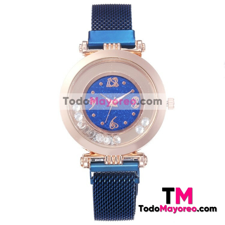 Reloj Azul Extensible Mesh Metal Iman Caratula Diamantes Sueltos Con Corazones R3152