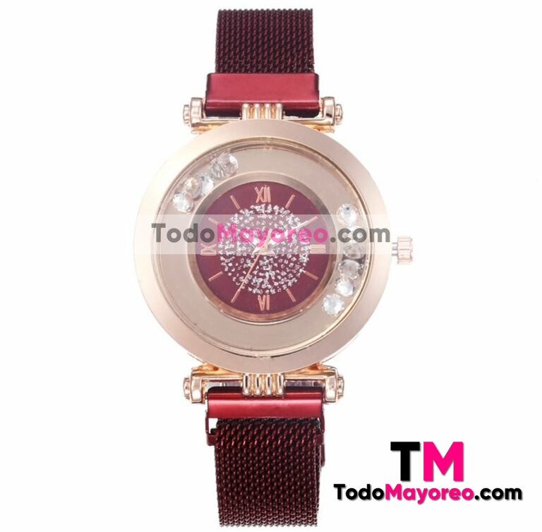 Reloj Rojo Extensible Mesh Metal Iman Caratula Diamantes Sueltos Con Numeros Romanos a la moda mayoreo R3147