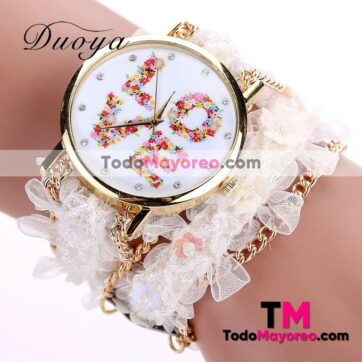Reloj Pulsera LOVE Flores y Cadena Blanco Extensible Tela Dorado R3197