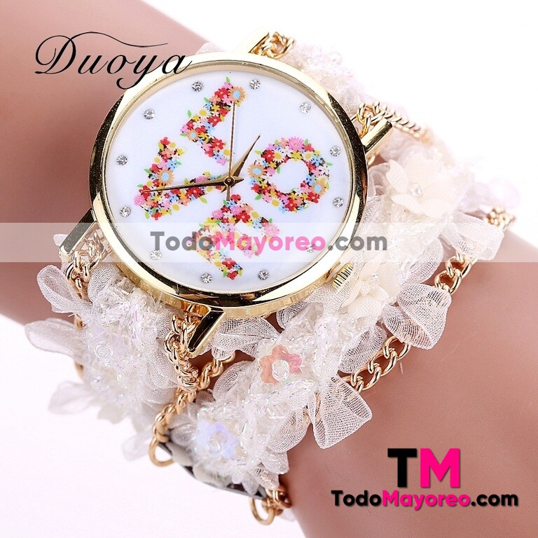 Reloj Pulsera LOVE Flores y Cadena Blanco Extensible Tela Dorado R3197