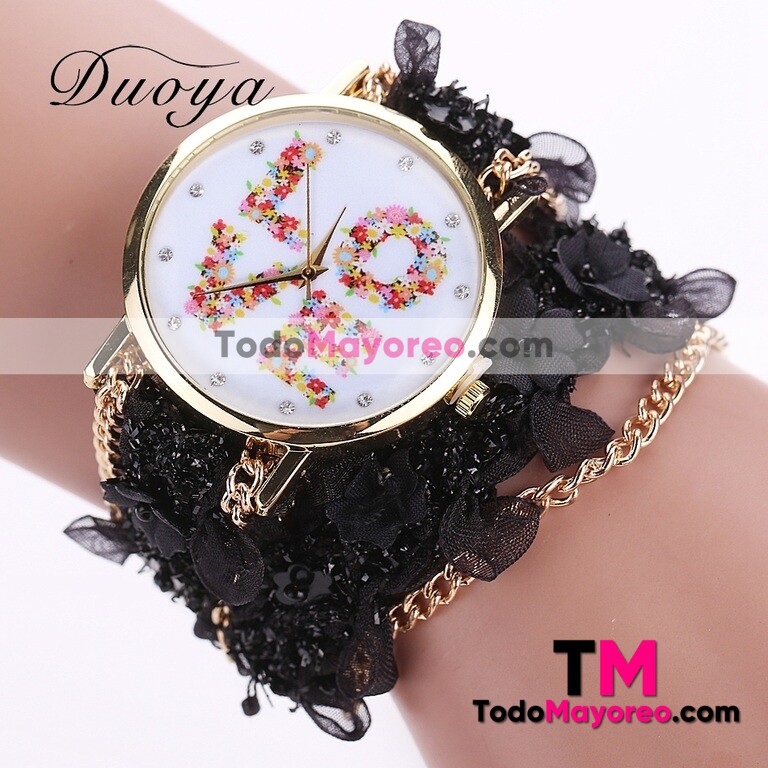 Reloj Pulsera LOVE Flores y Cadena Negro Extensible Tela Dorado R3198