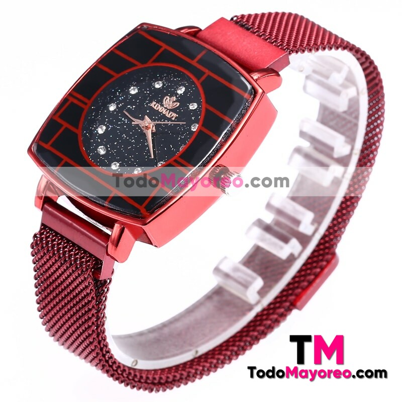 Reloj Diamantes Rojo Extensible Metal Mesh Imán Cuadrada R3254