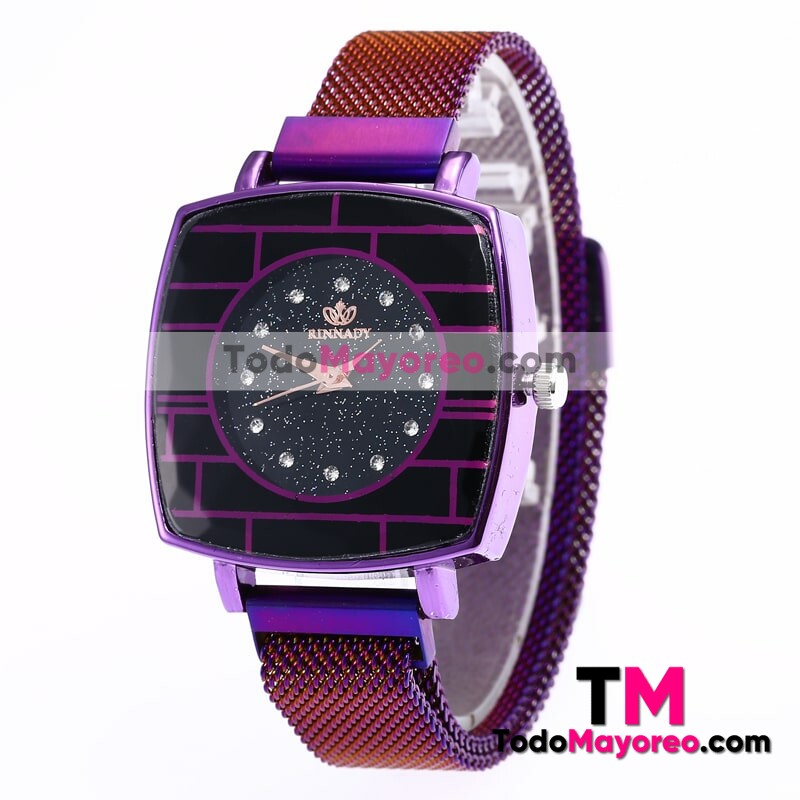 Reloj Diamantes Morado Extensible Metal Mesh Imán Cuadrada R3255