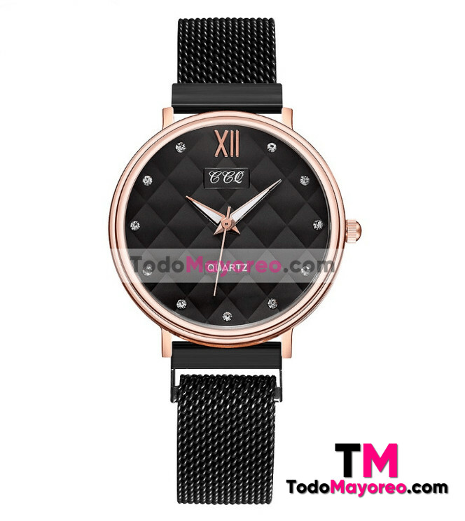 Reloj Diamantes Negro Extensible Mesh Iman Cuadros R3318