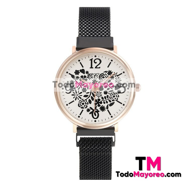Reloj Corazon de Flores Negro Extensible Metal Mesh ImanBlanco R3482