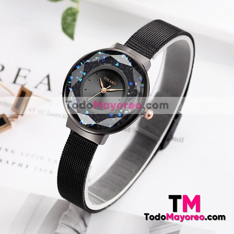 Reloj Tornasol Negro Extensible Metal Mesh Diamantes Encapsulados R3505