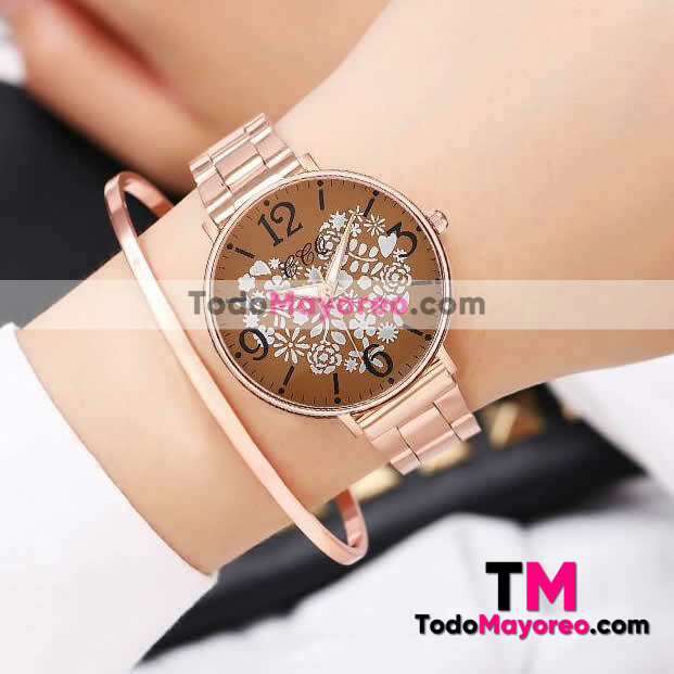 Reloj Corazon de Flores Gold Rose Extensible Metal Cafe R3553