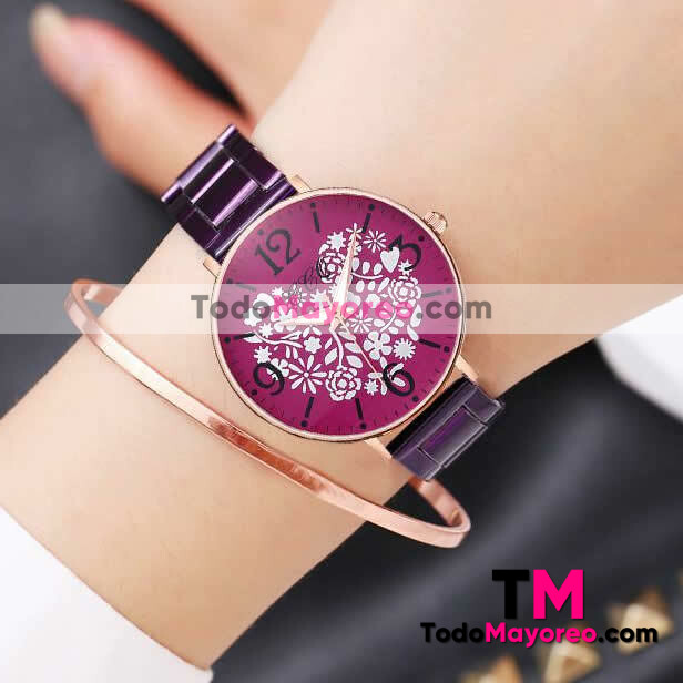 Reloj Corazon de Flores Morado Extensible Metal Purpura R3554