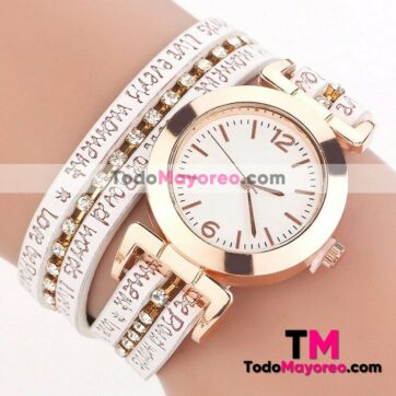 Reloj Pulsera Grabado Blanco Extensible Piel Sintetica Diamantes R3615