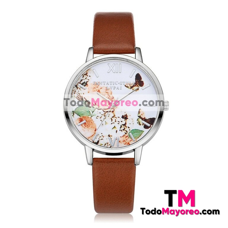 Reloj Flores y Mariposas Cafe Extensible Piel Sintetica Numeros Romanos R3616