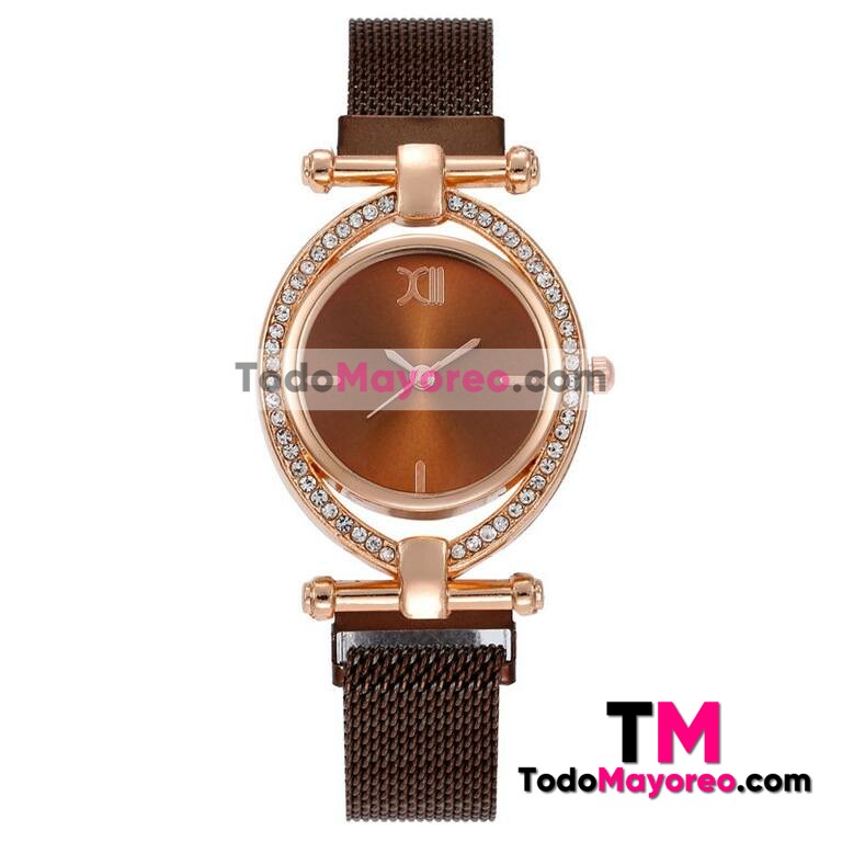 Reloj Doble Aro Gold Rose Extensible Metal Mesh ImanCafe y Diamantes R3637