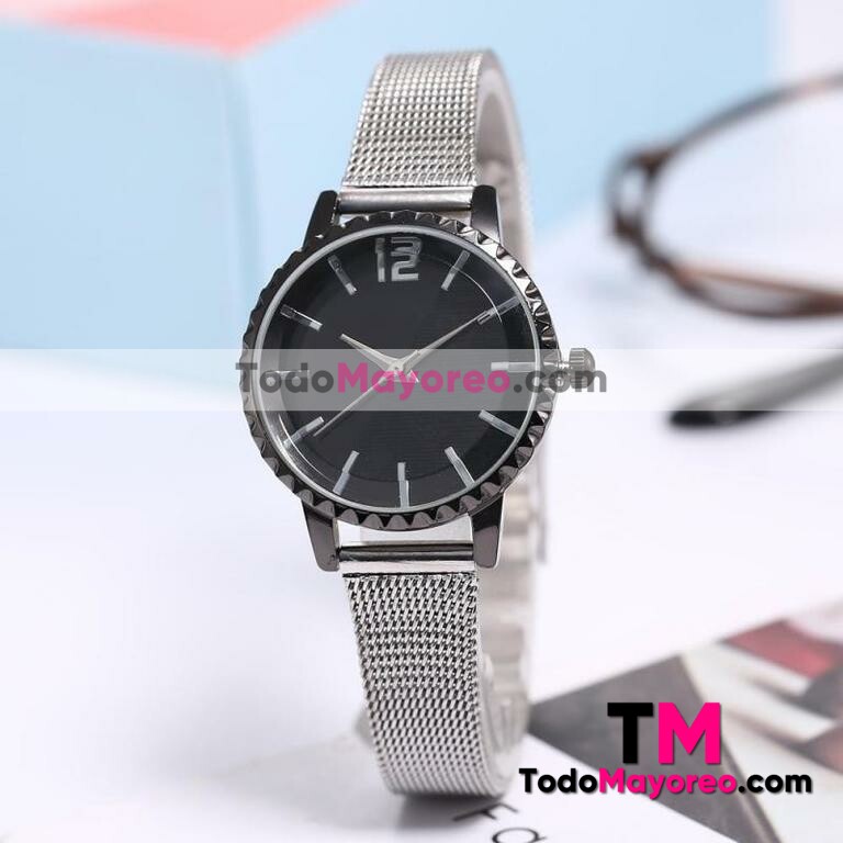 Reloj Grabado de Flores Plata Extensible Metal Mesh Negro R3670