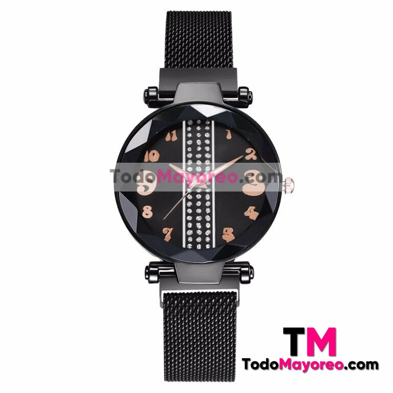 Reloj Franja de Brillos Negro Extensible Metal Mesh ImanDiamante R3676