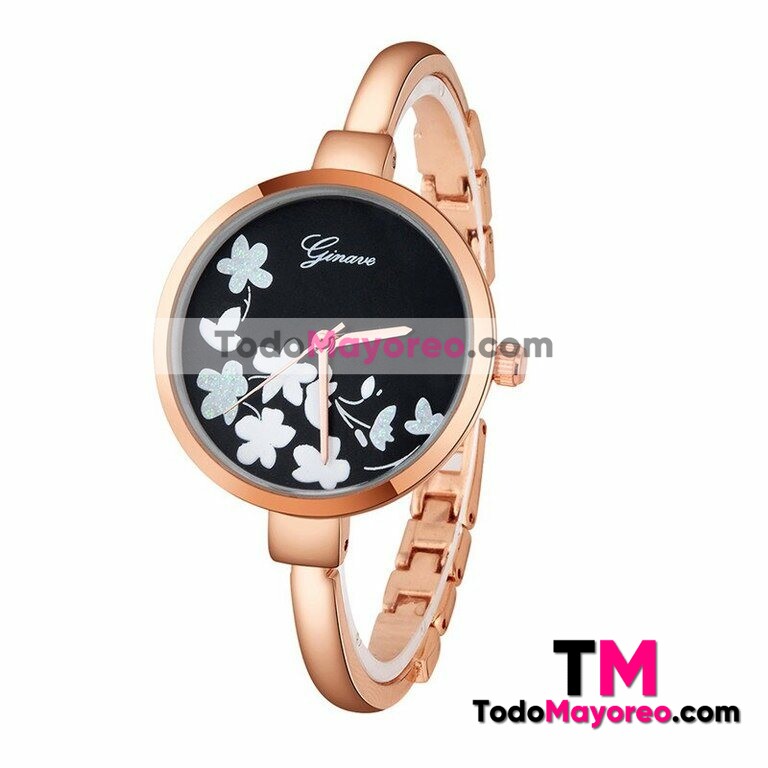 Reloj Flores Blancas Brazalete Rosado Extensible Metal Delgado Negra R3696