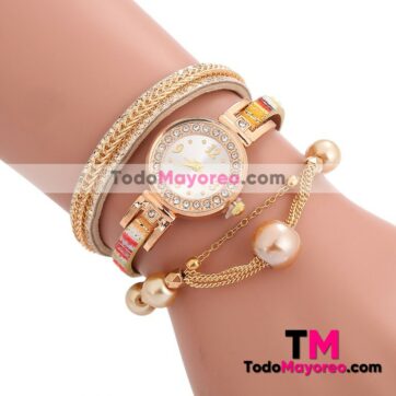 Reloj Pulsera Diamantes con Perlas y cadenas Beige Extensible Piel SintÃ©tica Dorada R3701