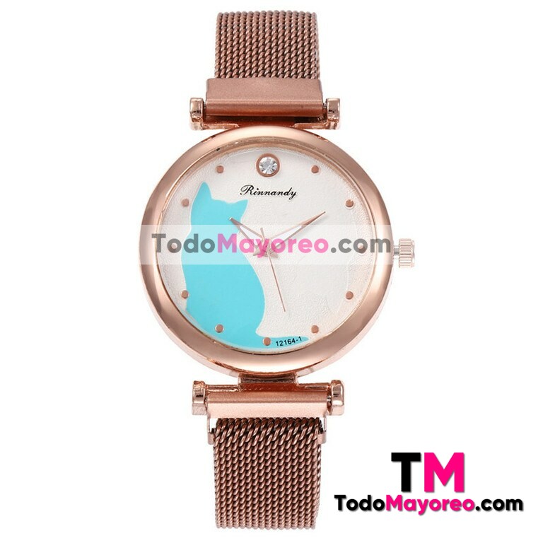 Reloj Diamantes Gold Rose Extensible Metal Mesh ImanGato Azul R3749