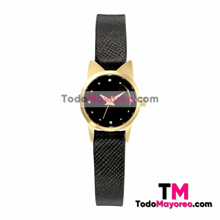 Reloj Mini Orejas de Gato Negro Extensible Piel Sintetica Diamantes R3795