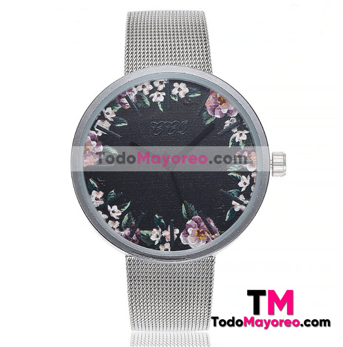Reloj Flores Blancas Plata Extensible Metal Mesh Sin Numeros R3805