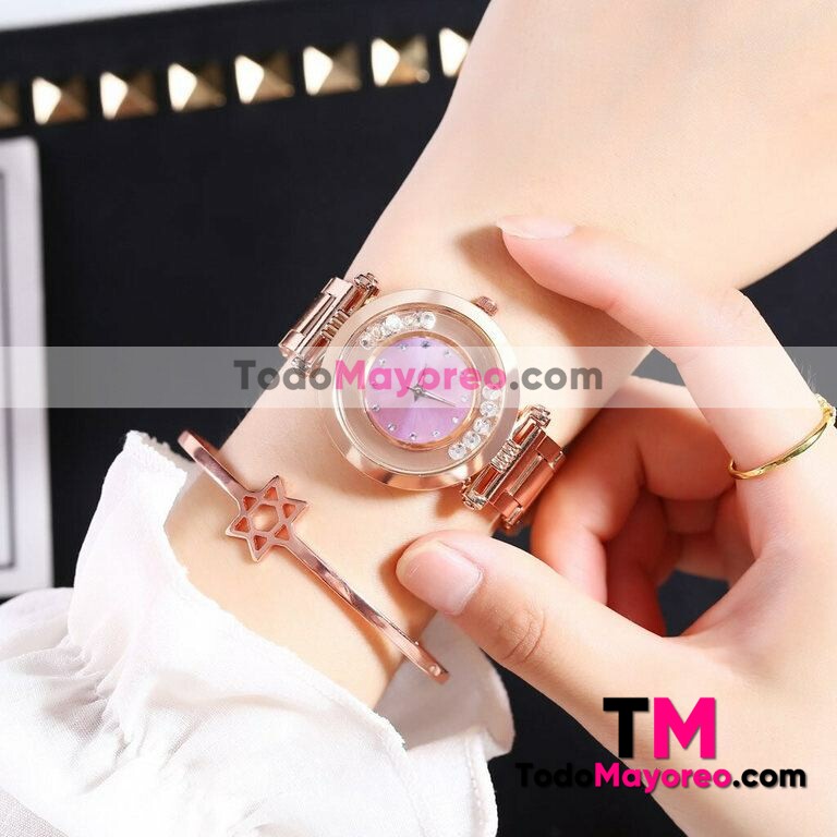 Reloj Diamantes Giratorios Gold Rose Extensible Metal Rosa R3810