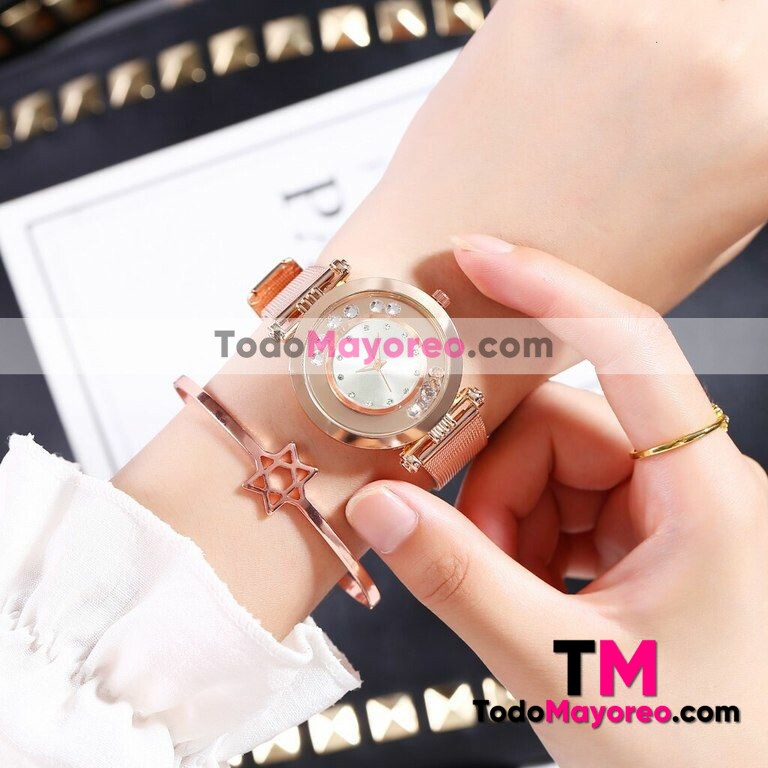 Reloj Diamantes Giratorios Gold Rose Extensible Metal Mesh Blanco R3812