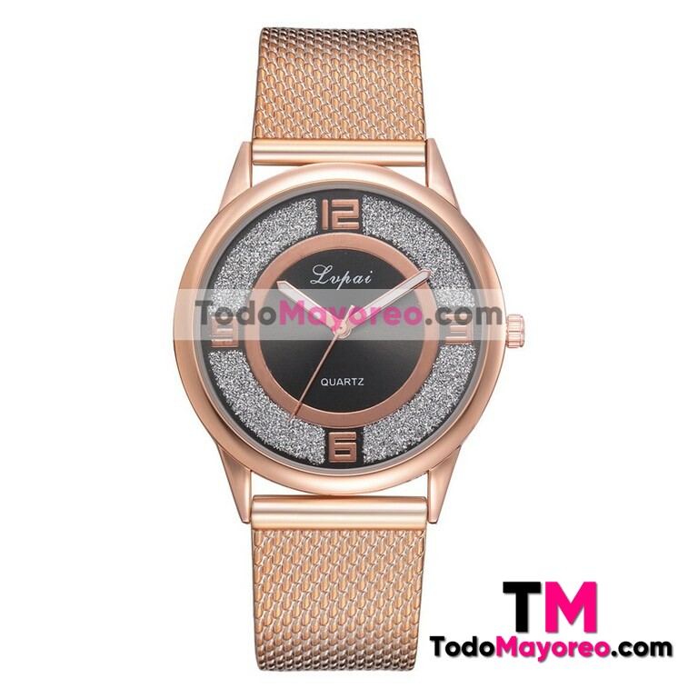 Reloj Destellos Gold Rose Extensible Plastico Doble Circulo Negro R3825