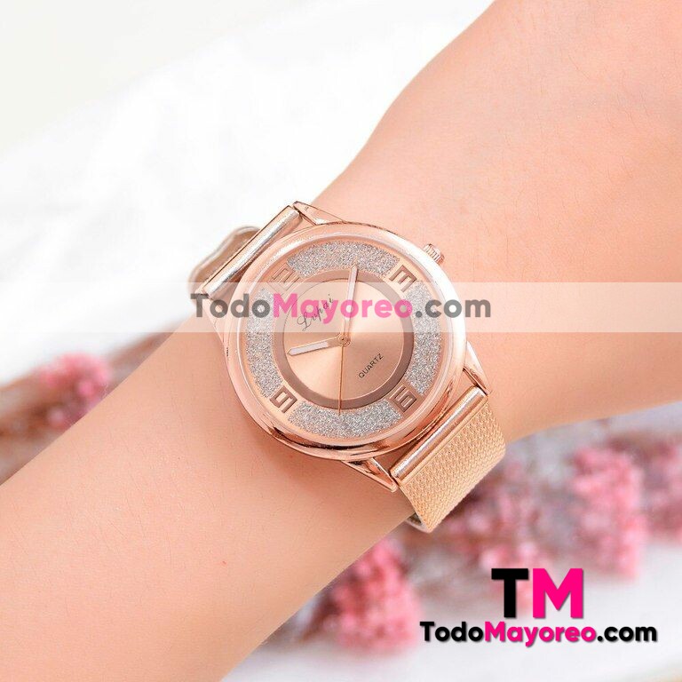 Reloj Destellos Gold Rose Extensible Plastico Doble Circulo Rosa R3827