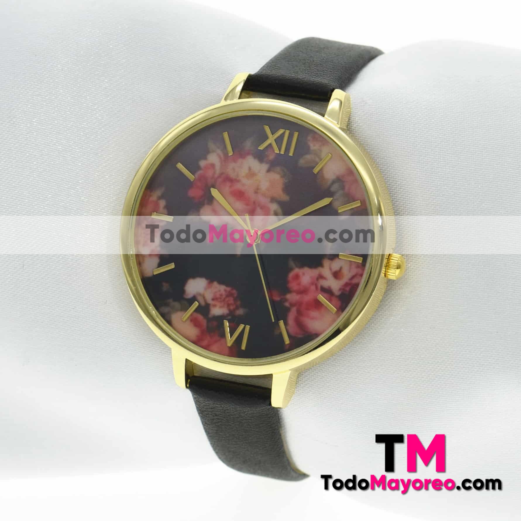 Reloj Piel Sintetica Flores Numeros Romanos Delgado Negro R3917