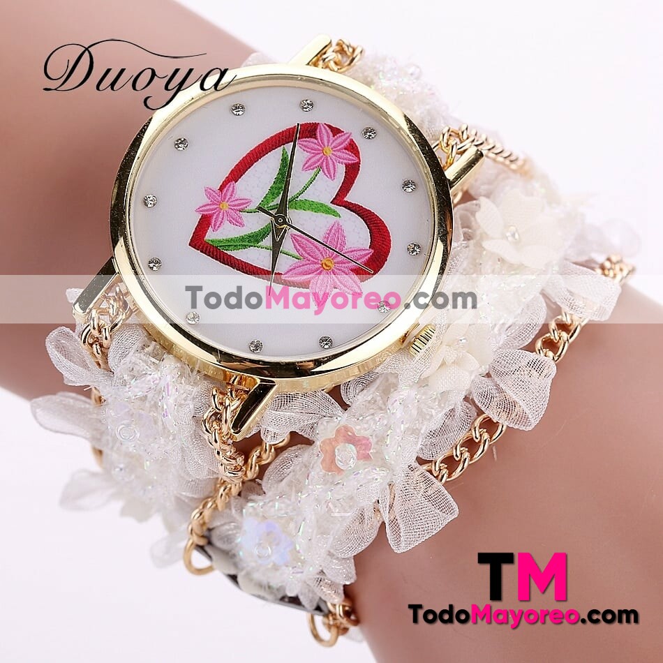 Reloj Pulsera Extensible Liston y Cadena 3 Flores Blanco R3961