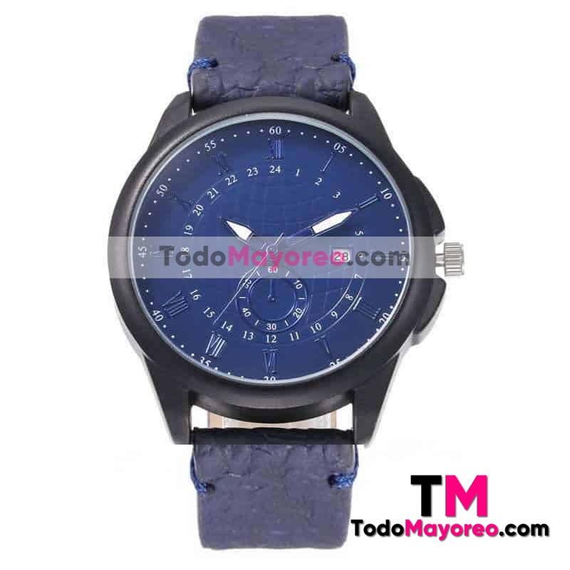 Reloj Exensible Piel Sintetica Tipo Corrugado Numeros Romanos Mundo Calendario Azul R3964