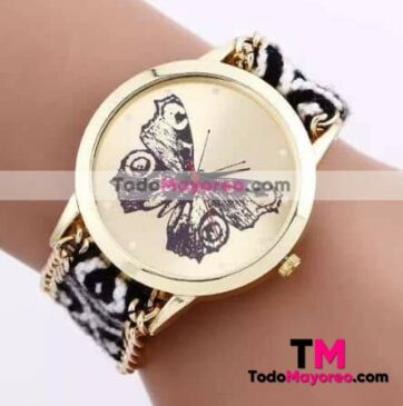 Reloj Pulsera Tejido con Cadena Mariposa Monarca Negro- Blanco R4022