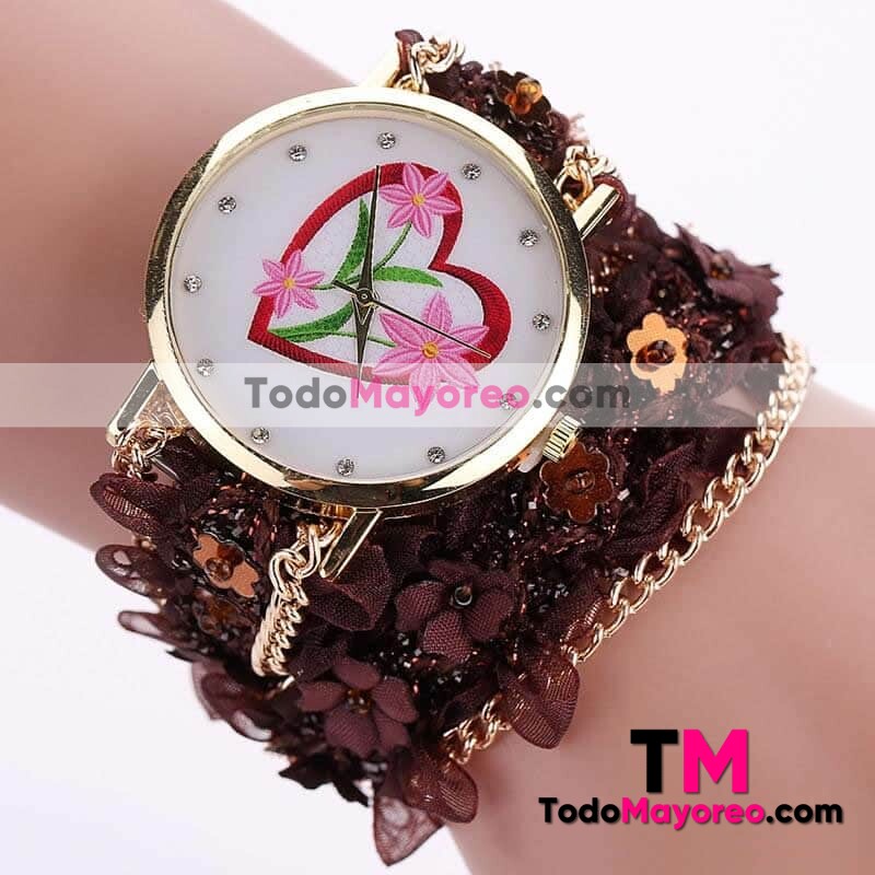 Reloj Pulsera Extensible Piel Sintetica con Tela y Cadena 3 Flores y Corazon Cafe R4065