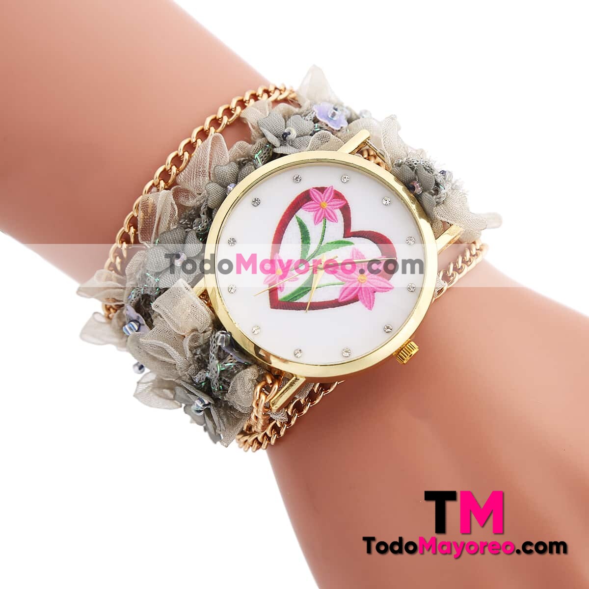 Reloj Pulsera Extensible Piel Sintetica con Tela y Cadena 3 Flores y Corazon Gris R4064