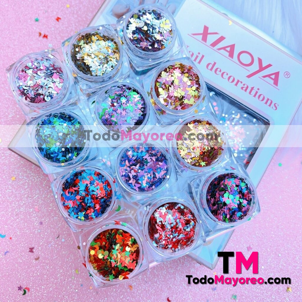 Kit para Uñas Decoración Hojuelas de Confetti de Colores 12 Pzas Xiaoya  Proveedores por Mayoreo M3760