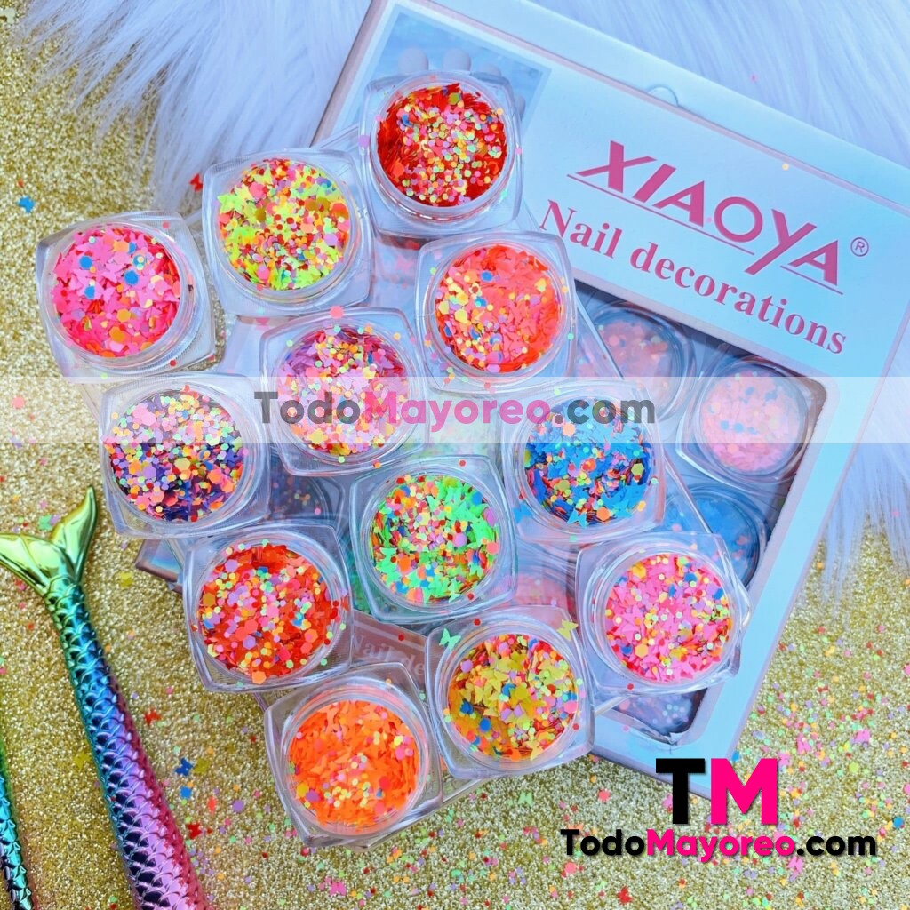 Kit para Uñas Decoración Hojuelas de Confetti de Colores Neon 12 Pzas Xioya  Proveedores por Mayoreo M3761