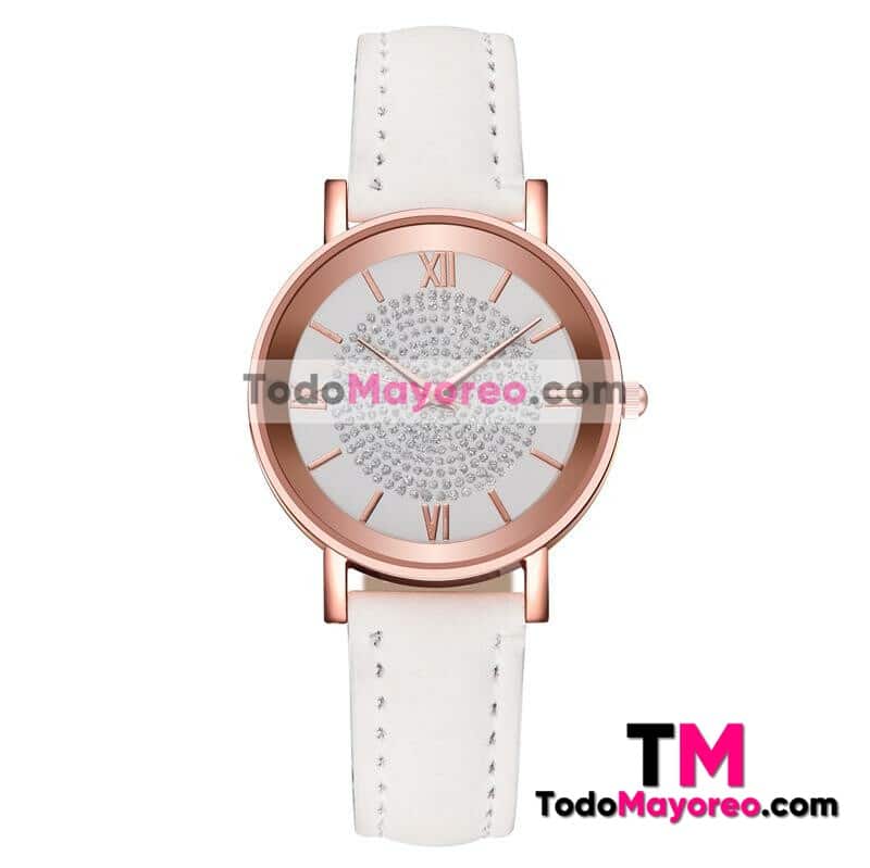 Reloj Tipo Piel Blanco Caratula Gold Rose Fondo Blanco Con Diamantes proveedores directos de fabrica R4098
