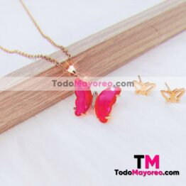 Collar Dije de Mariposa Con Piedra Color Rosa y Diamantes Dorado accesorios Acero Inoxidable mayoreo A2164