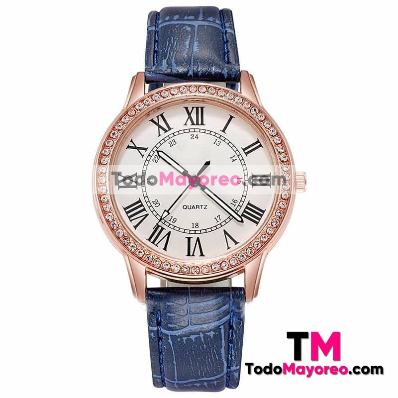 Reloj Azul De Piel Sintetica Caratula Con Diseño Numeros Romanos y Diamante Distribuidores De Fabrica R4396