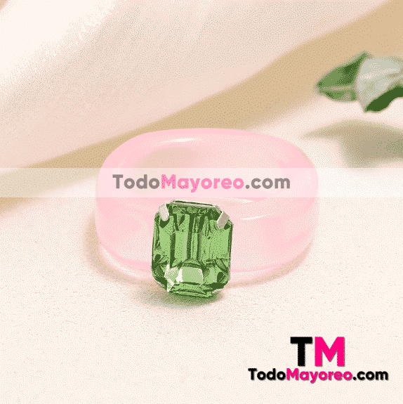 Anillo Resina con Diamante Verde Rosa Accesorios de Mayoreo A2909