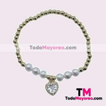 Pulsera con Dije de Corazon y Diamante con Perlas Dorado accesorios de mayoreo A3049
