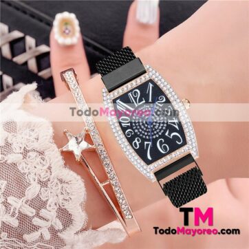 Reloj Negro De Metal Mesh Iman Caratula Con Diseño con Destellos Numeros Grandes y Diamantes Proveedor De Fabrica Mayoreo R4467