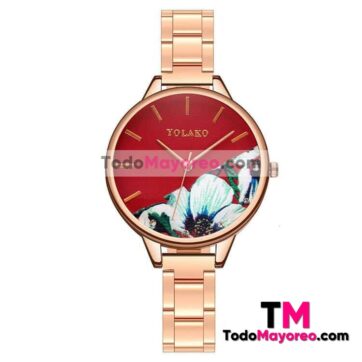 Reloj Rosado De Metal Caratula Con Diseño Rojo con Flores Blancas Proveedores Mayoristas De Fabrica R4668