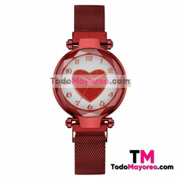 Reloj Rojo De Metal Mesh Caratula Con Diseño Blanca con Corazon Rojo Proveedores Mayoristas De Fabrica R4673