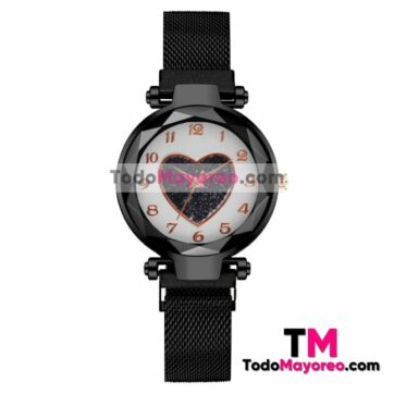 Reloj Negro De Metal Mesh Caratula Con Diseño Blanca con Corazon Negro Proveedores Mayoristas De Fabrica R4676