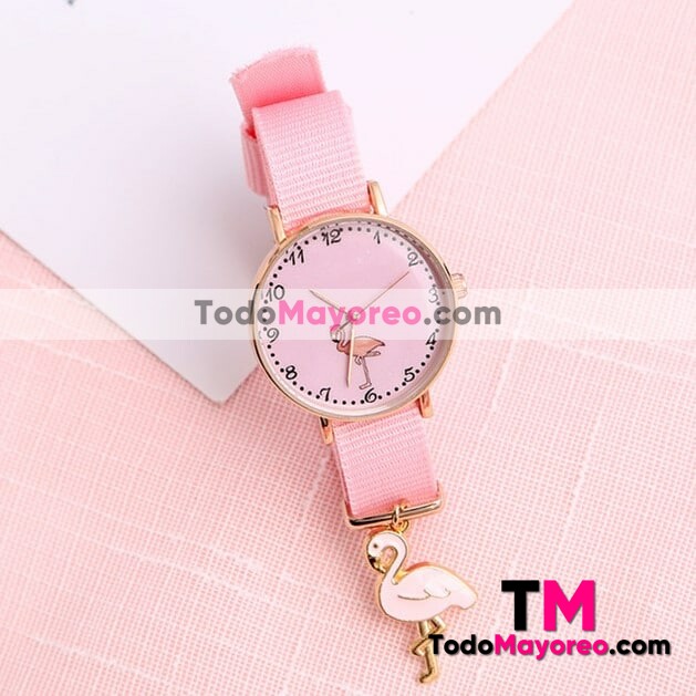 Reloj Rosa De Nylon Caratula Con Diseño Numeros con Dije de Flamingo Proveedores Mayoristas De Fabrica R4688