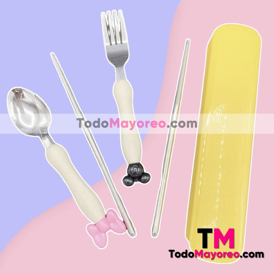 Set de Cubiertos Para Niños Cuchara,Tenedor y Palillos Chinos Rosa accesorios de mayoreo A3124