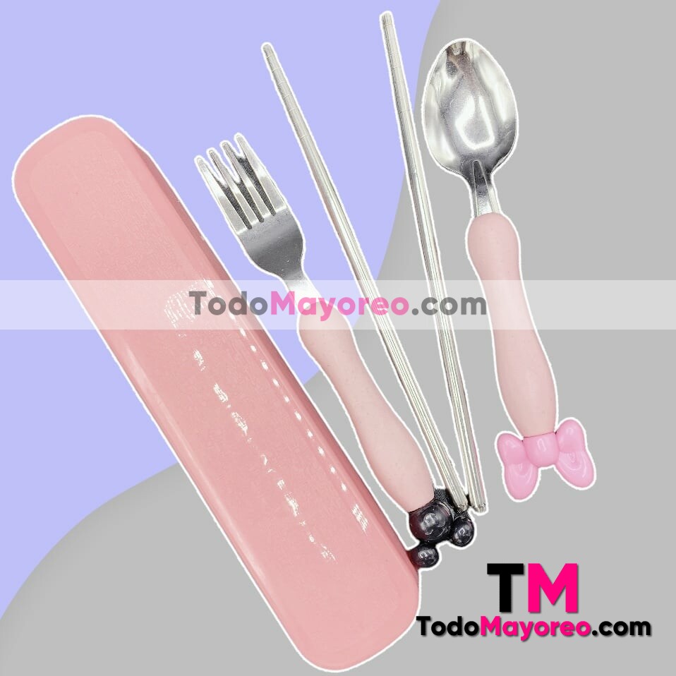 Set de Cubiertos Para Niños Cuchara,Tenedor y Palillos Chinos Rosa accesorios de mayoreo A3127