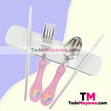 Set de Cubiertos Para Niños Cuchara,Tenedor y Palillos Chinos Rosa accesorios de mayoreo A3132
