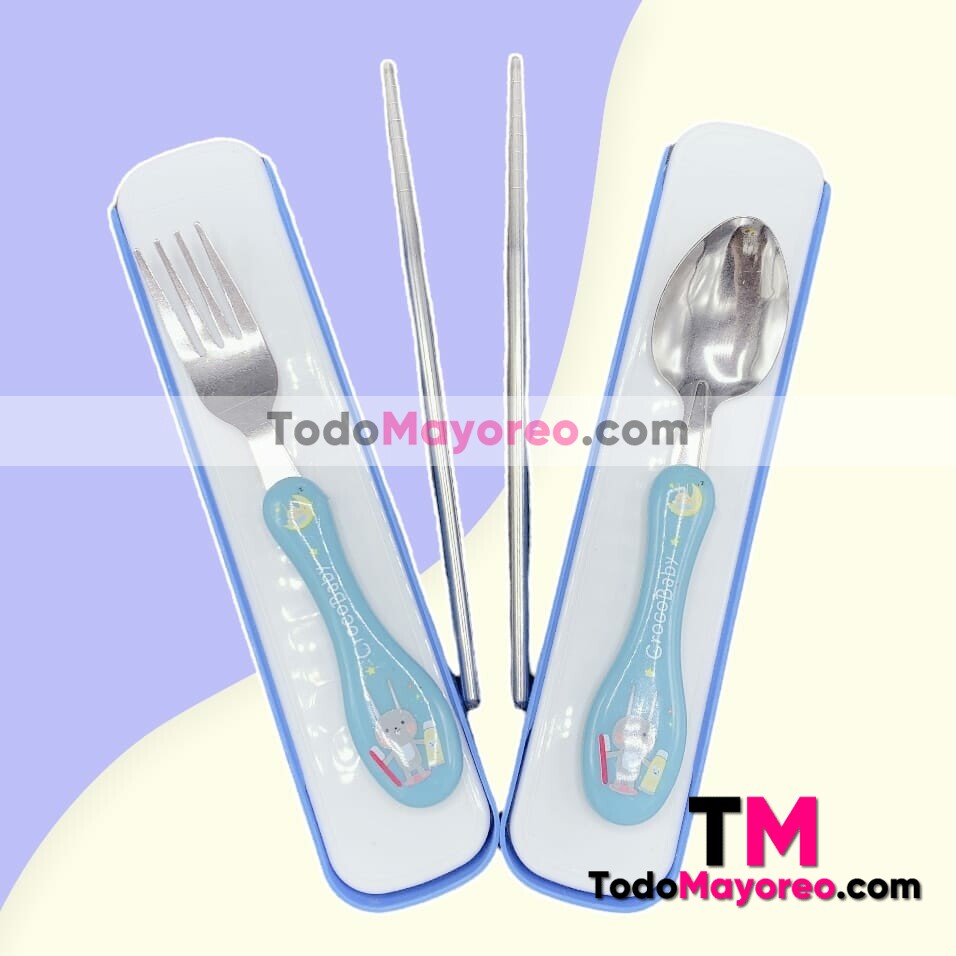 Set de Cubiertos Para Niños Cuchara,Tenedor y Palillos Chinos Azul accesorios de mayoreo A3136
